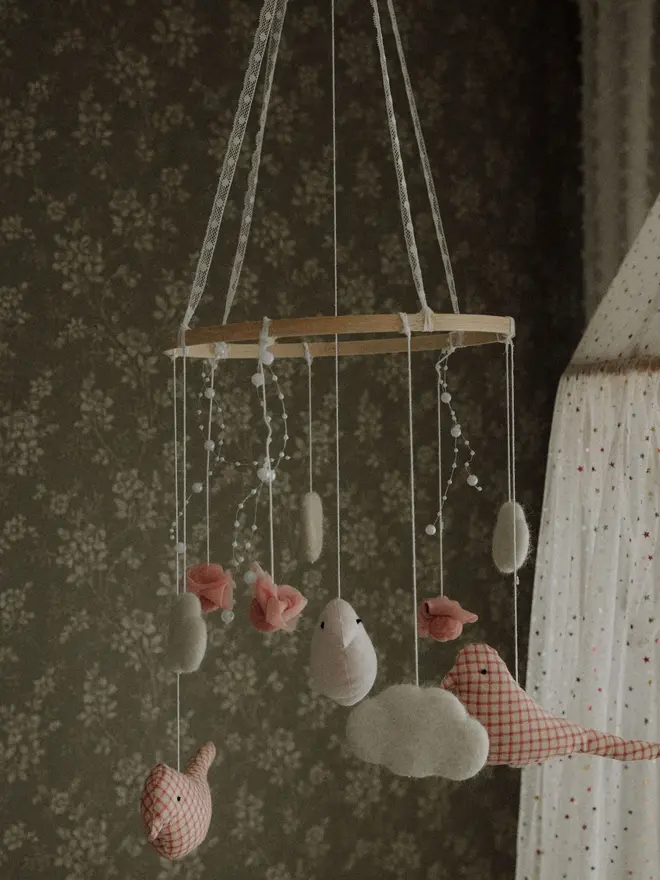 Carousel Felt Baby Mobile, Pink Birds Crib Mobile