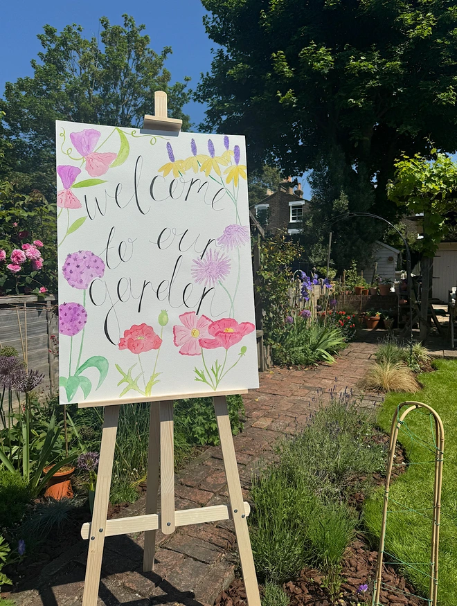 Bespoke welcome sign on easel