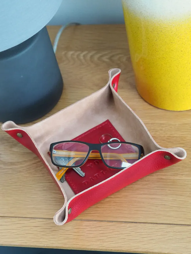 red leather square tray with personalised base
