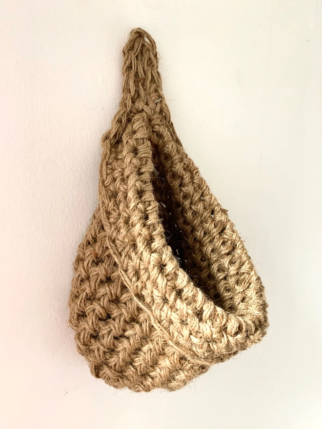 Large Natural Jute Hanging Storage Basket, handmade sustainable crochet decor, rustic natural organic homeware accessories , brown strong jute storage solution, kitchen bathroom bedroom hanging storage bag