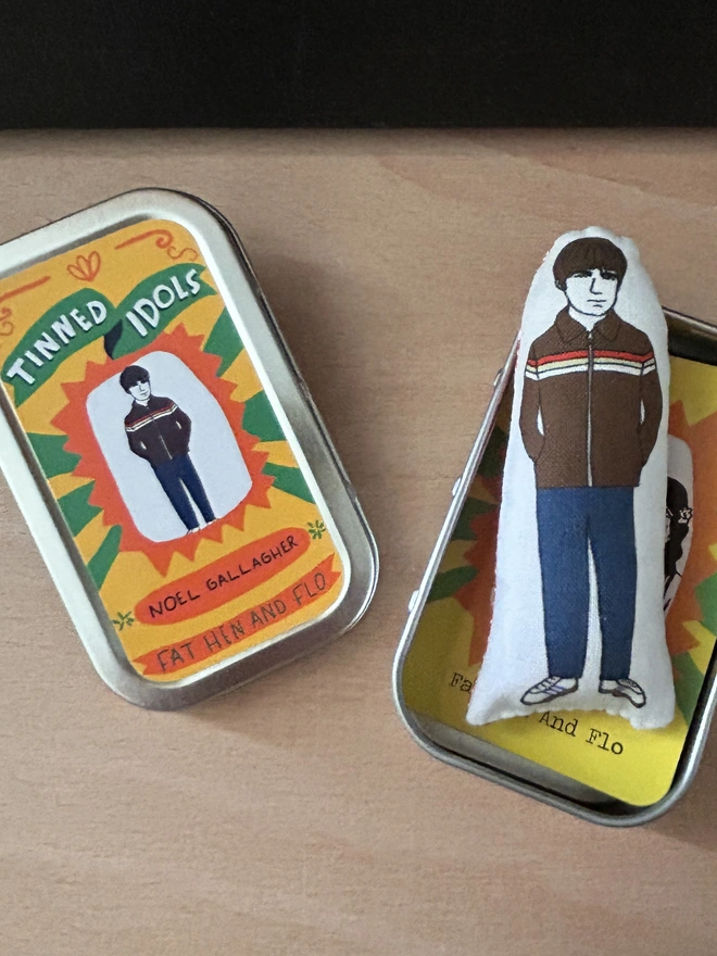 Mini illustrated fabric dolls of Oasis band memeberNoel Gallagher.