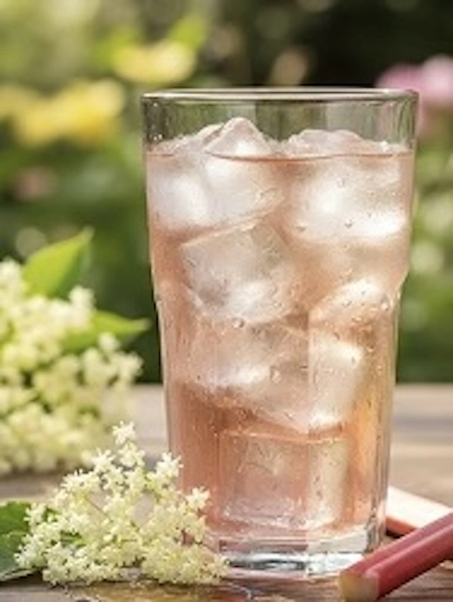 Elderflower & Rhubarb Cordial (Set Of 1, 2, 3 Or 4), a glass or cordial sitting on a wooden surface next to the elderflower plant. 