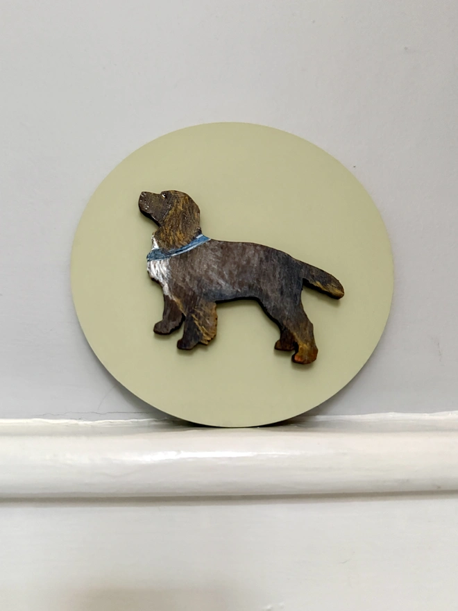 Hand - painted Working Cocker Spaniel Dog portait  - chocolate brown dog on pale green background