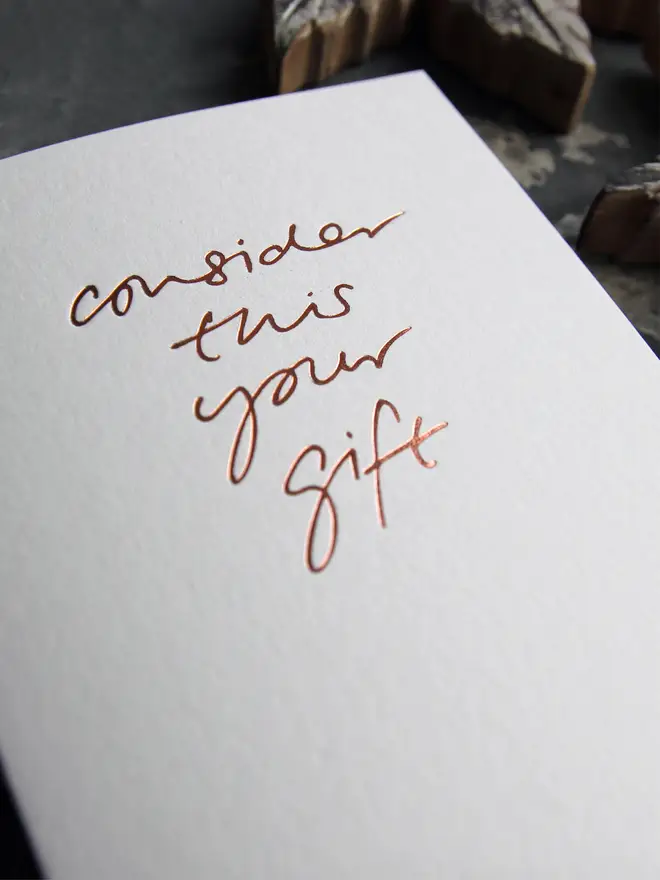 consider this your gift white card metallic script