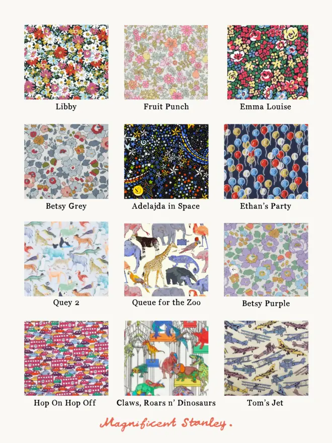 the choice of 12 Liberty Print swatches including floral prints, zoo animals, cars and planes