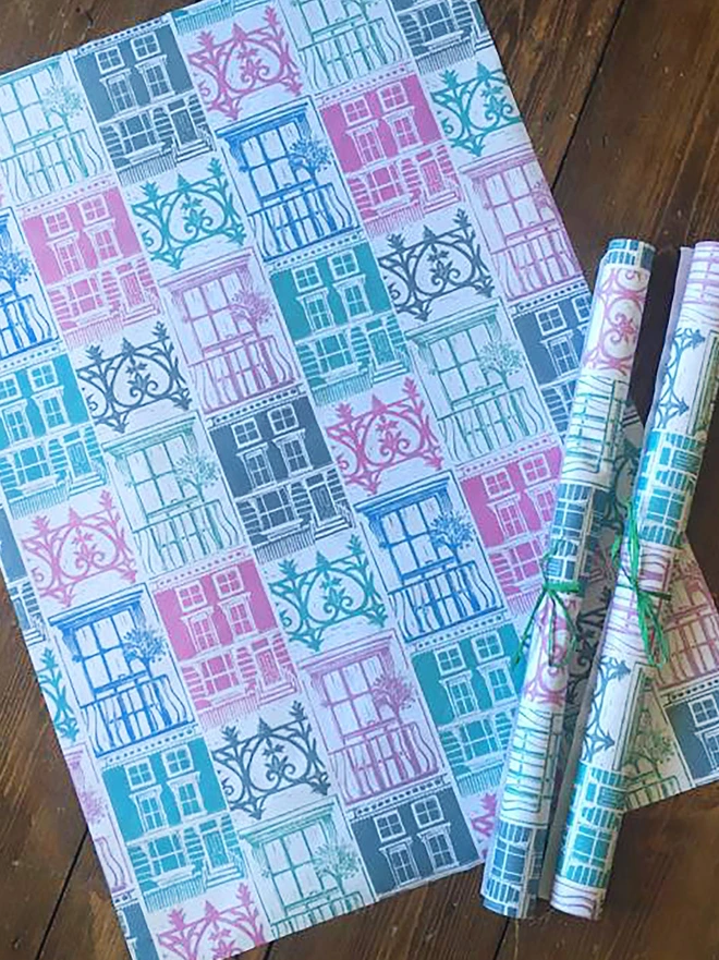 Pastel shades London houses wrapping paper lino cut by Kate Guy