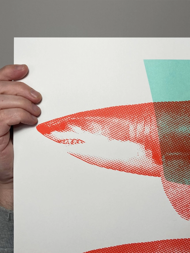 Shark Tank (Turquoise And Red) - Screen Printed Shark Poster - left close up