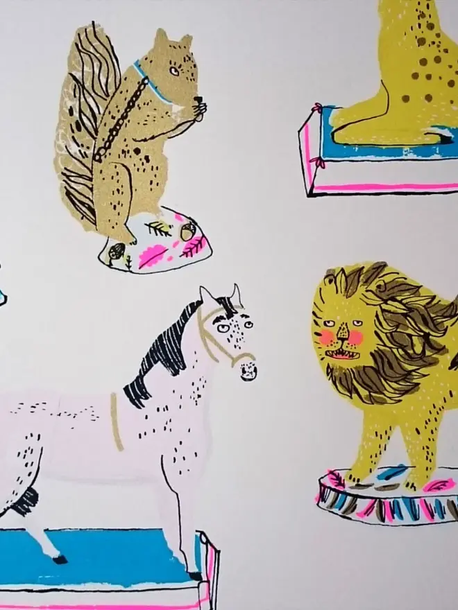 Pottery Animals Screenprint Paws And Claws (& Eight Hooves), a collection of colourful animal designs on a white screenprint. 