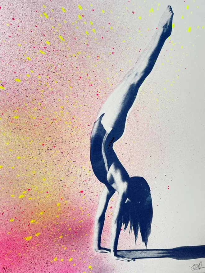 handstand girl pink flecked screen print