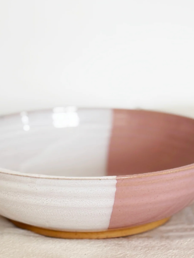Pasta Bowl. A close up of a Pink Pasta Bowl against a white background, the split between pink and white is visible.