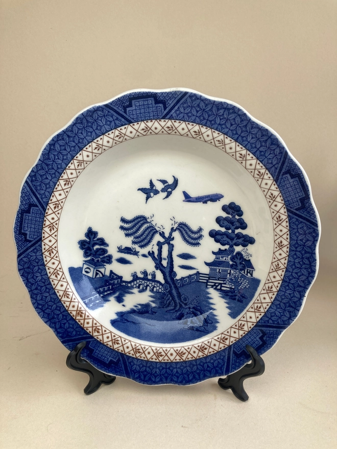 Willow pattern, plate, vintage plate, easyjet, handprinted, unique, gift, gift idea, one of a kind, haus of lucy, blue plate