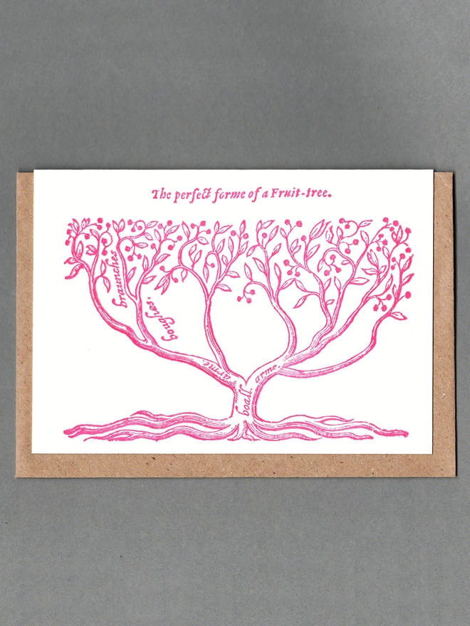 White card with pink tree with text reading 'The Perfect Forme of a Fruit Tree' with a brown envelope behind