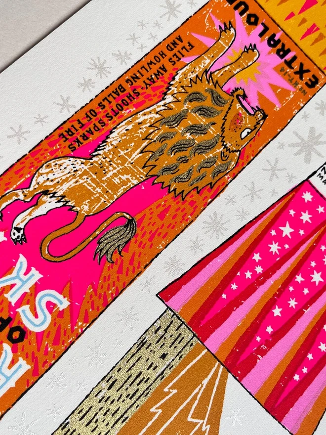 Rocket Fireworks Screenprint Howling Balls Of Fire, a pair of colourful firework designs on a white piece of paper. 