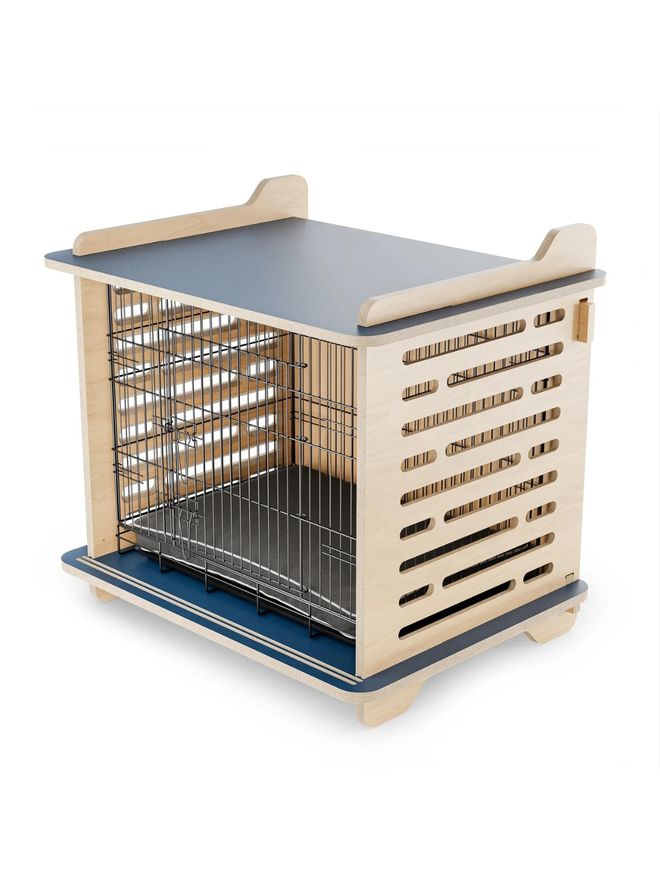 wooden blue top dog crate side view interior with cage