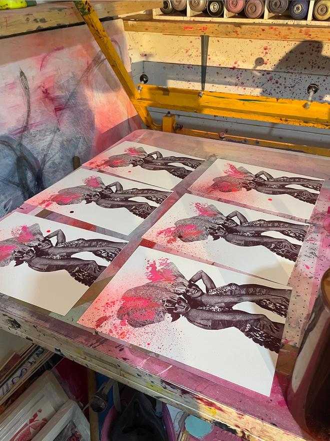 n A4 colourful pink and peach and burgundy print of 2 women in 1920s party clothes with hand painted swooshes and splats, 