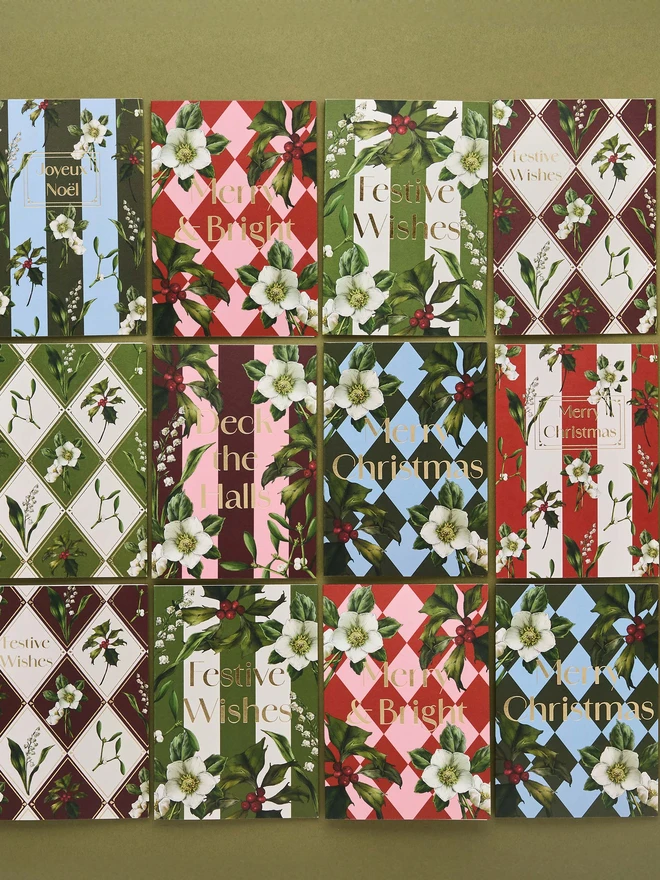 Box of 8 cards. Harlequin and striped designs with gold foil