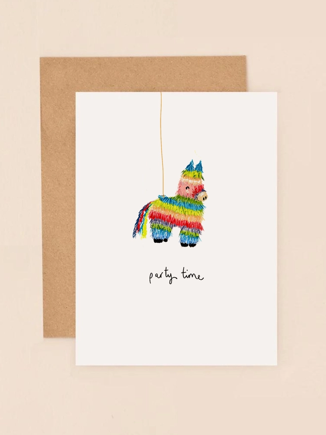 A vibrant illustration of a rainbow-colored piñata adorned with festive confetti, accompanied by the playful message "Party Time" in a whimsical, handwritten font. The design features bold, cheerful colors and a minimalist layout, capturing the joy and excitement of a celebration.