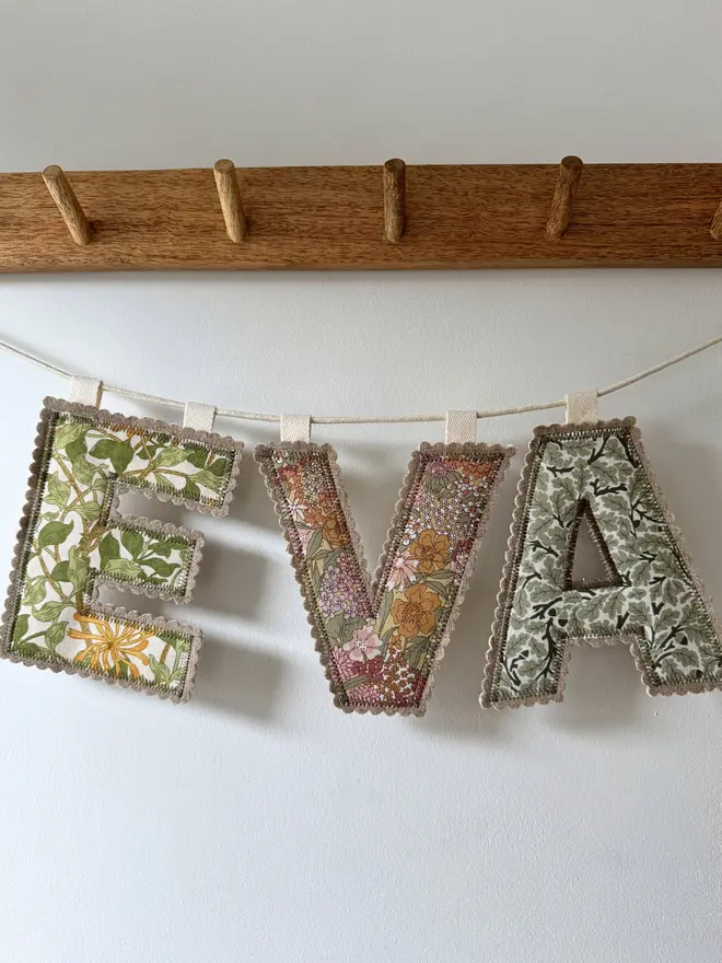 Fabric Letter Garland.  Garland in floral print spelling  EVA 