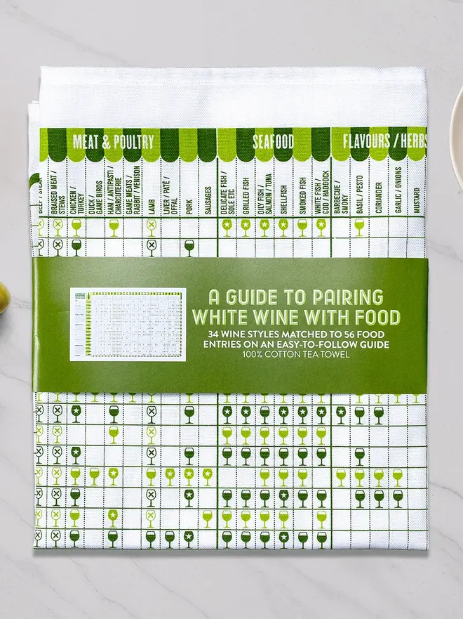 A Guide To Pairing White Wine With Food Tea Towel, against a grey background. 