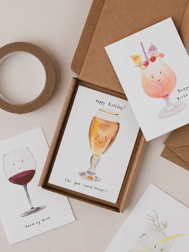 Set of 6 everyday drinks themed greeting cards 