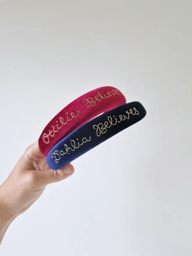 personalised believes embroidered velvet headbands