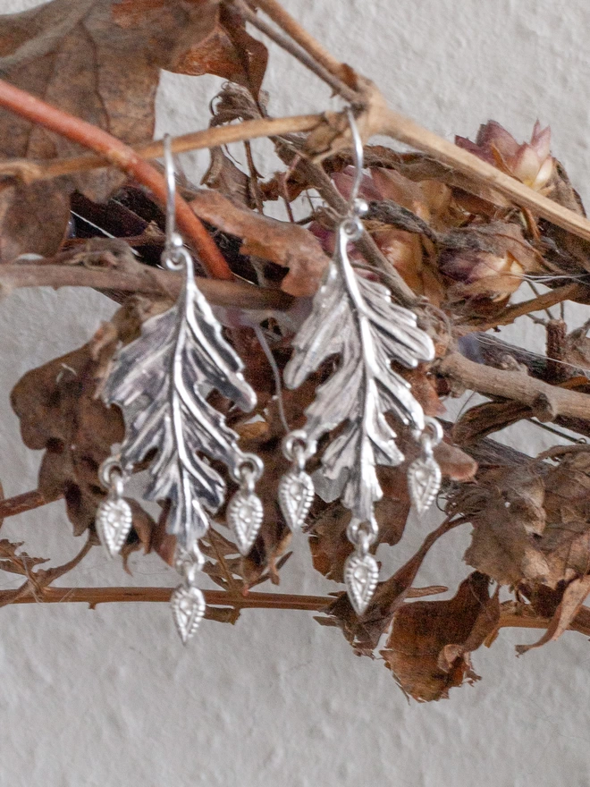 silver leaf drop earrings with dangling drops 