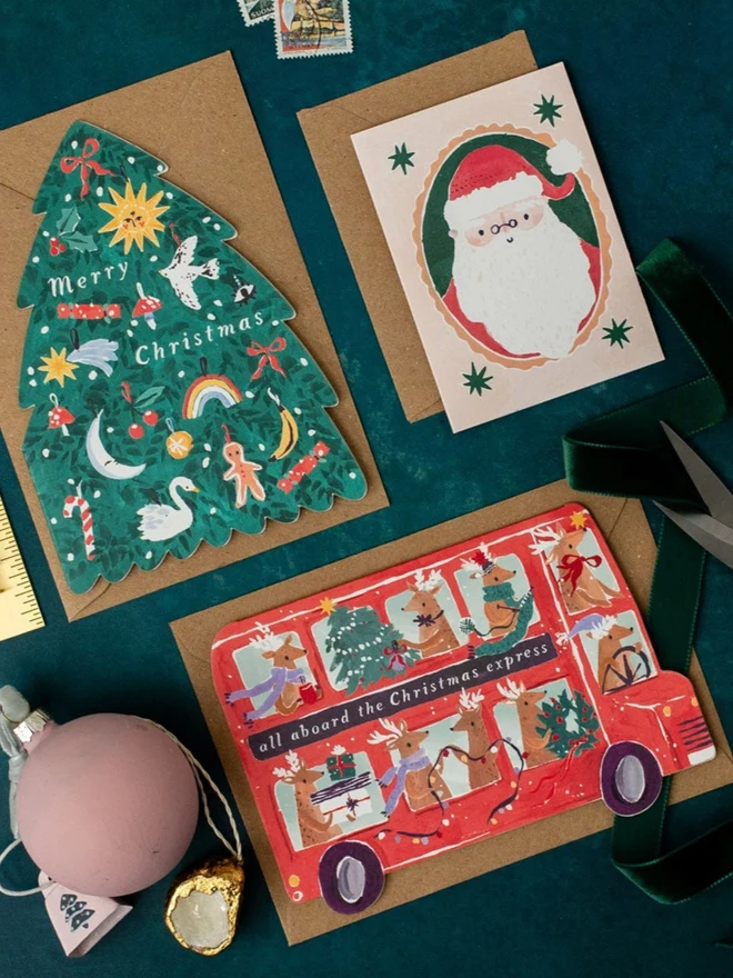 Reindeer Bus Christmas Card styled with other Sister Paper Co greeting cards