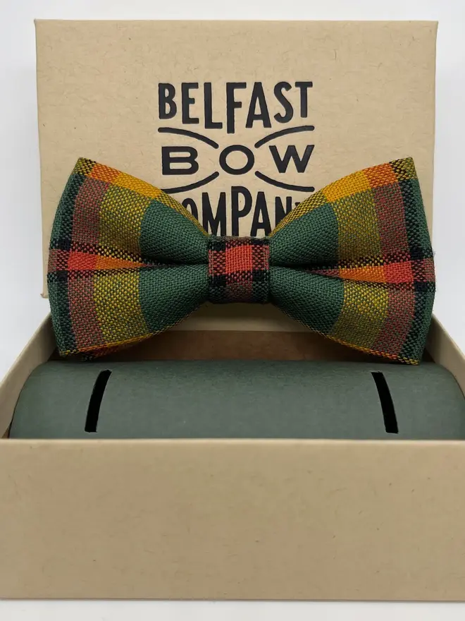 yellow green orange tartan handmade bow tie