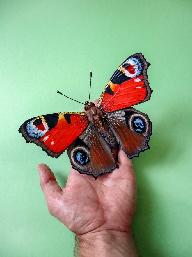 Handmade paper Peacock butterfly painted in hand