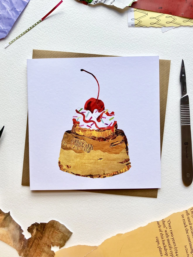 Cherry bun birthday card with collage materials 