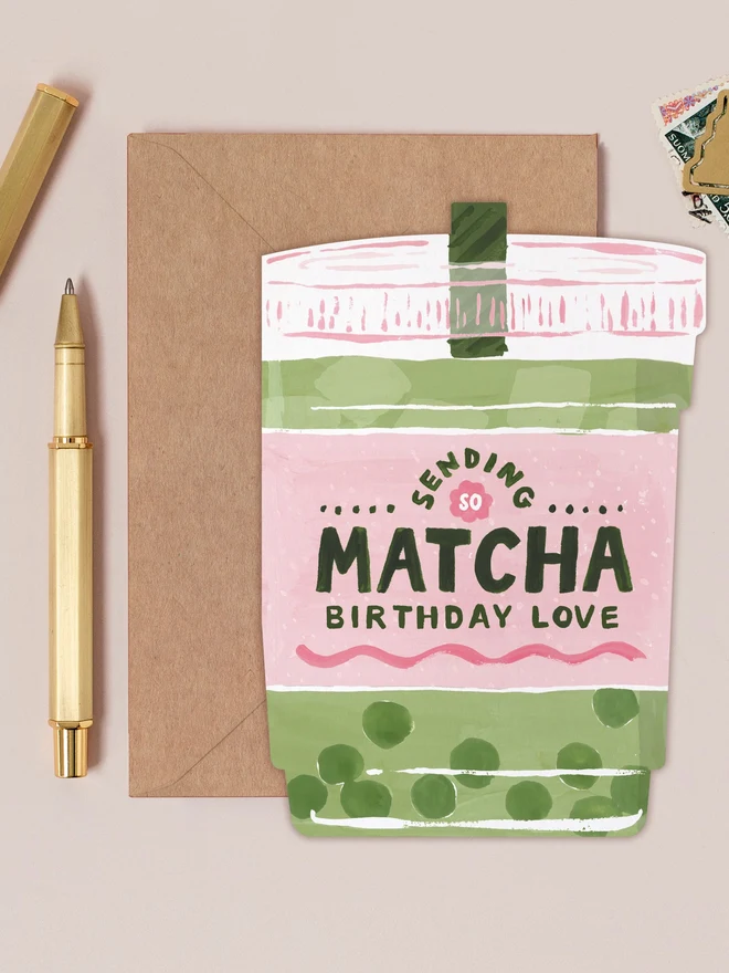 Matcha Birthday Card by Sister Paper Co with a kraft envelope