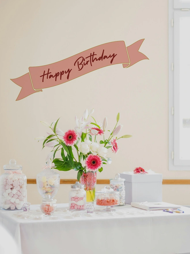 pink happy birthday banner wall sticker