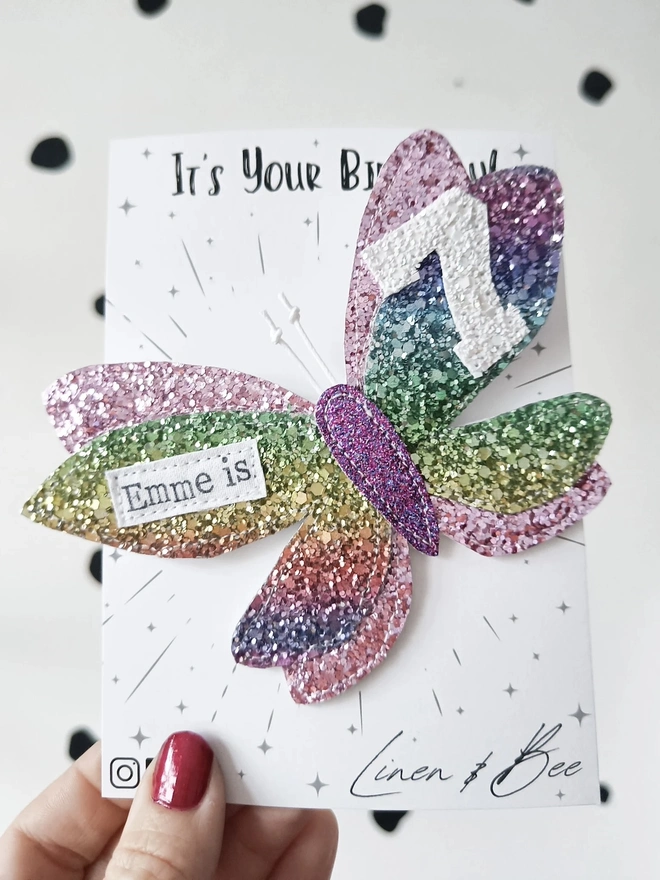 Personalised Glitter Butterfly Birthday Badge. 