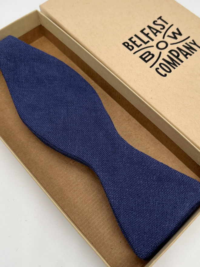 Navy Blue Irish Linen Self-Tie handmade by the Belfast Bow Company