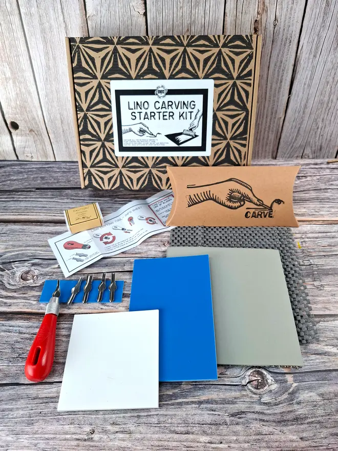 Lino starter and printing kits showing three types of lino and carving tools