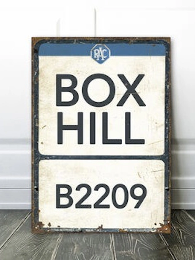 Personalised Tour De France Mountain Road Sign, light blue Box Hill cycling sign. 