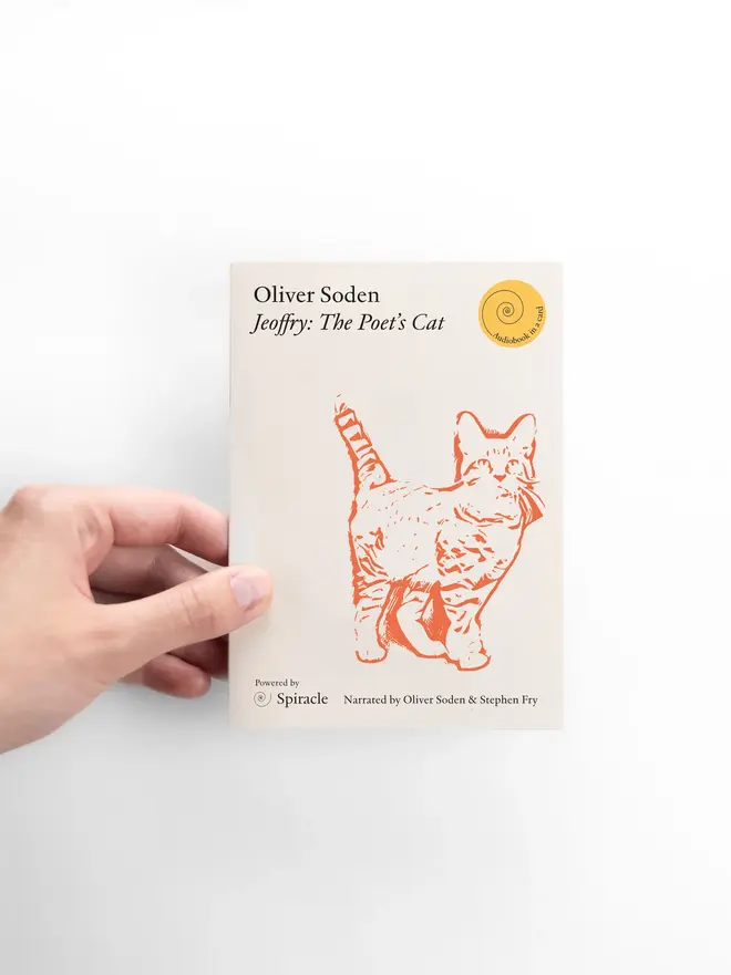 Jeoffry: The Poet's Cat By Oliver Soden Audiobook In A Card, on a white background. 