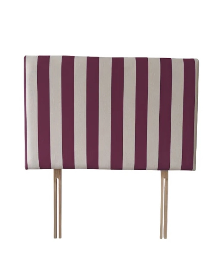 Hand Painted Upholstered Linen Headboard In Stripe Print, a burgundy striped headboard sitting against a white background. 