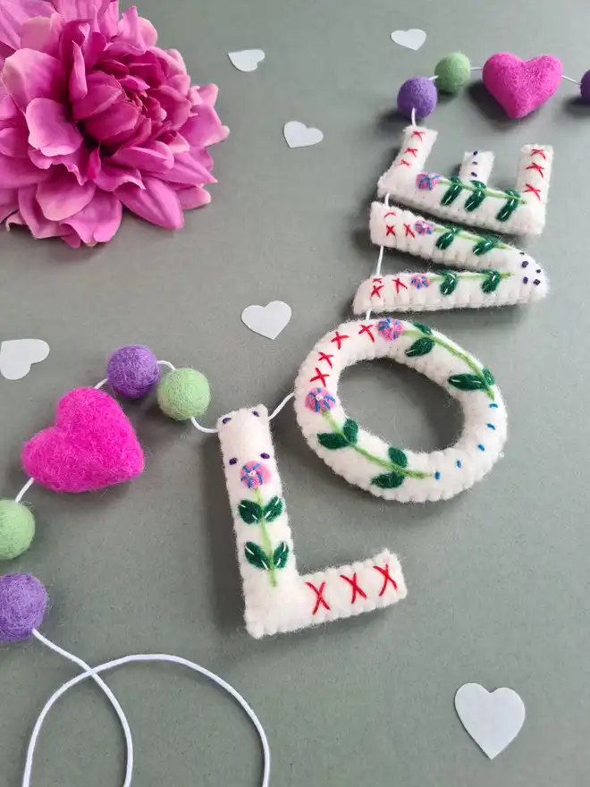 Embroidered Felt 'Love' Valentine Garland