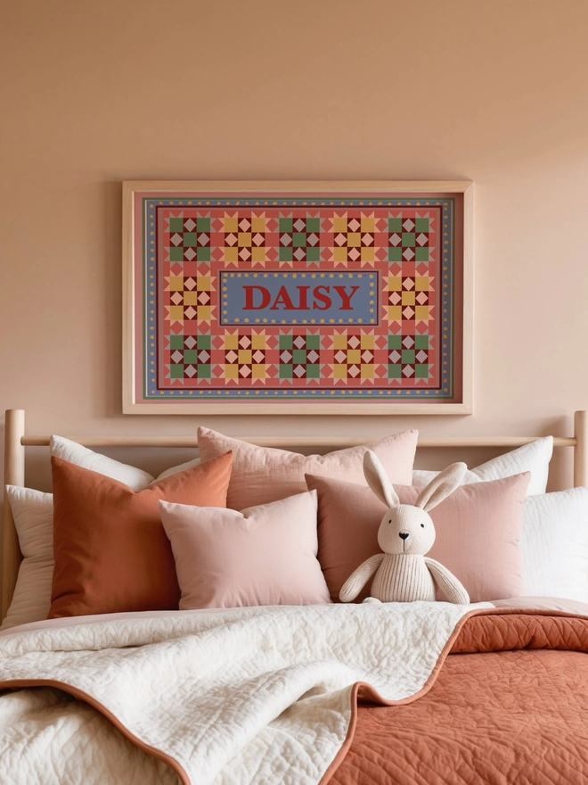 Custom name wall art featuring personalised patchwork print with a child's name taking centre stage, perfect for nursery and children's bedroom decor