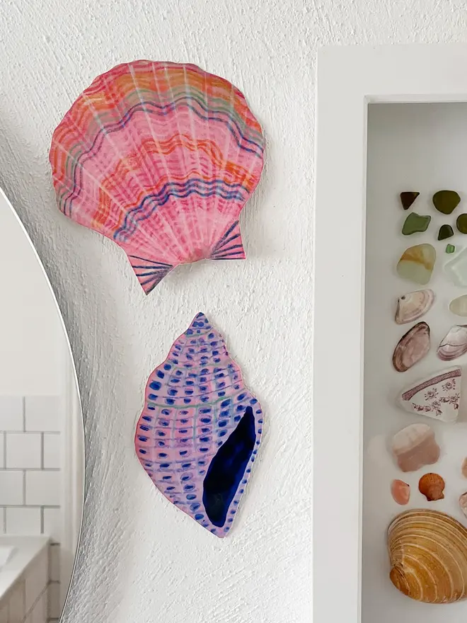 wooden shell wall art decoration. two illustrated shells on a white wall.