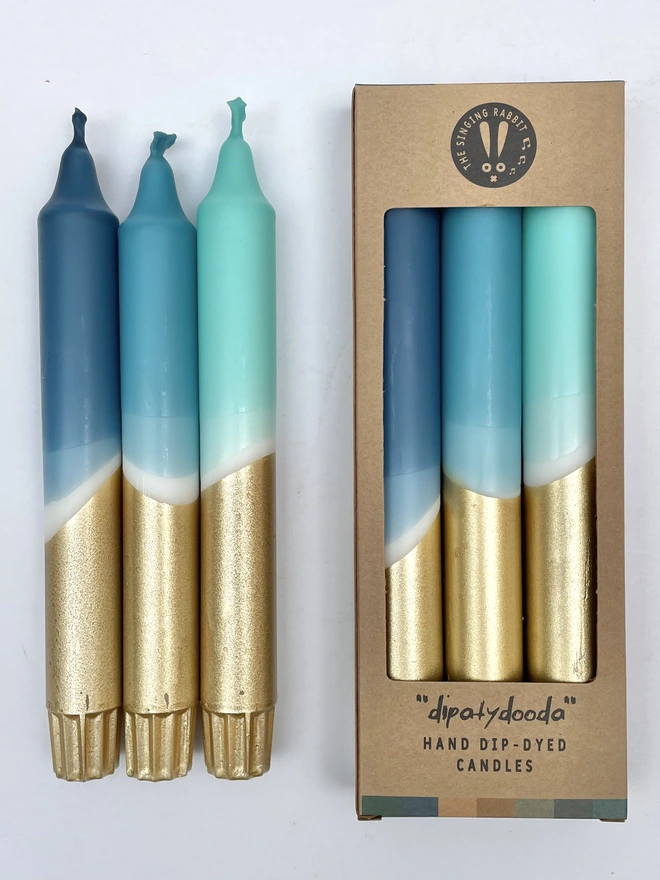 Blue & Gold Dip Dyed Dinner Candles (Set Of 3)