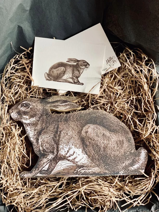 Cut out hare in packaging with wood straw.