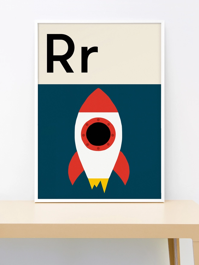 wall print of an illustrated rocket on navy background