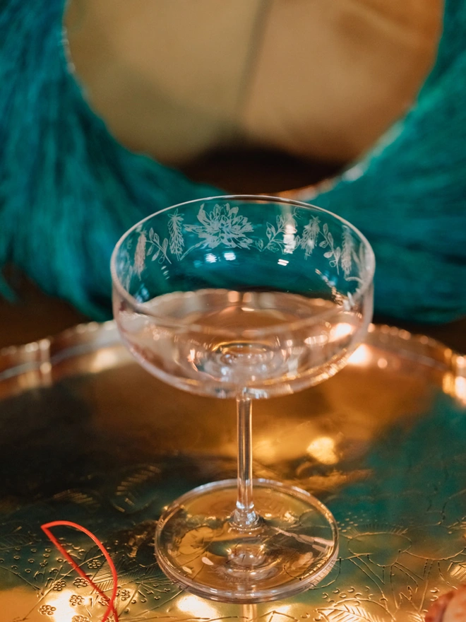 Exotic Floral etched glass champagne coupe