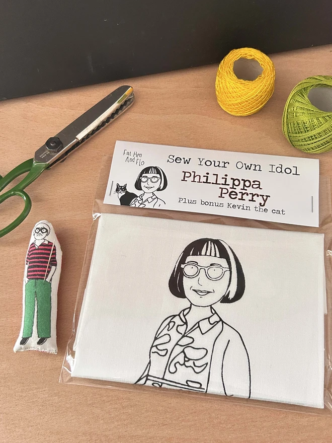 Philippa Perry and Kevin the cat sew your own idol cushion kit. 