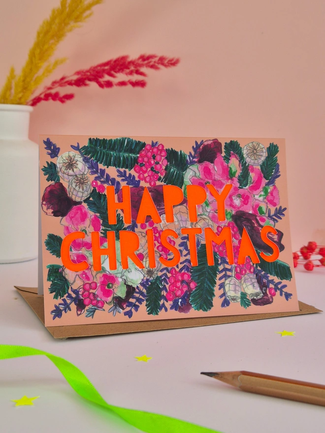 Card one-hydrangea illustration with Happy Christmas text and neon orange backing paper 