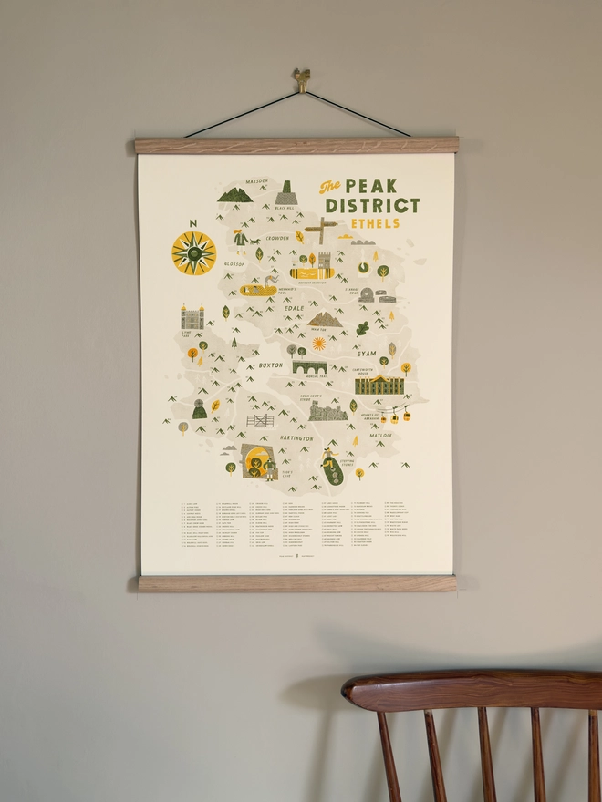 The Peak District Ethels map print framed on the wall