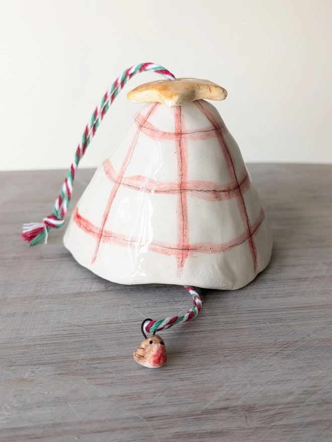 red check christmas robin pottery bell 