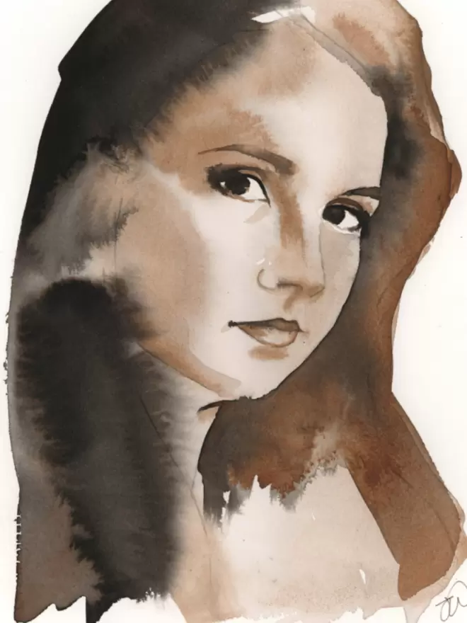 The full image of this portrait. A woman's face painted in brown, sepia and caramel tones.
